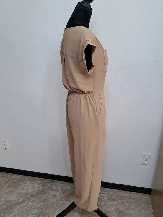 Monteau Md Jumpsuit Beige V-Neck Short Sleeve Lightweight Wide Leg Career - Picture 4 of 10